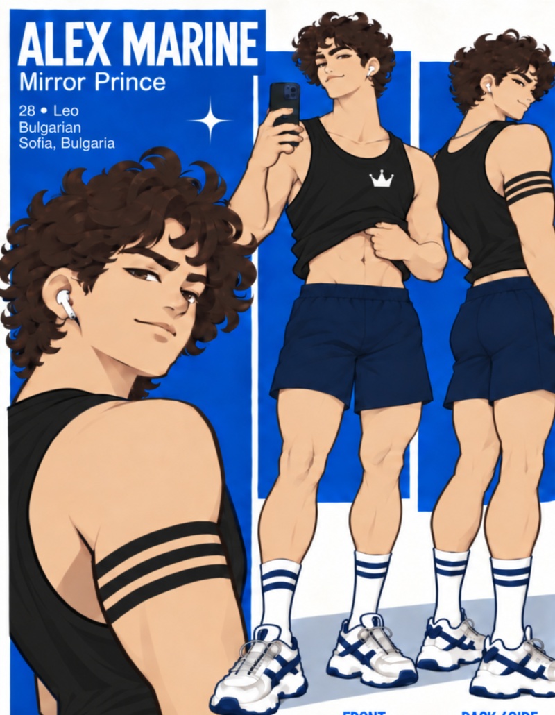 Alex Marin, Mirror Prince, full character reference showing portrait and gym outfit views.