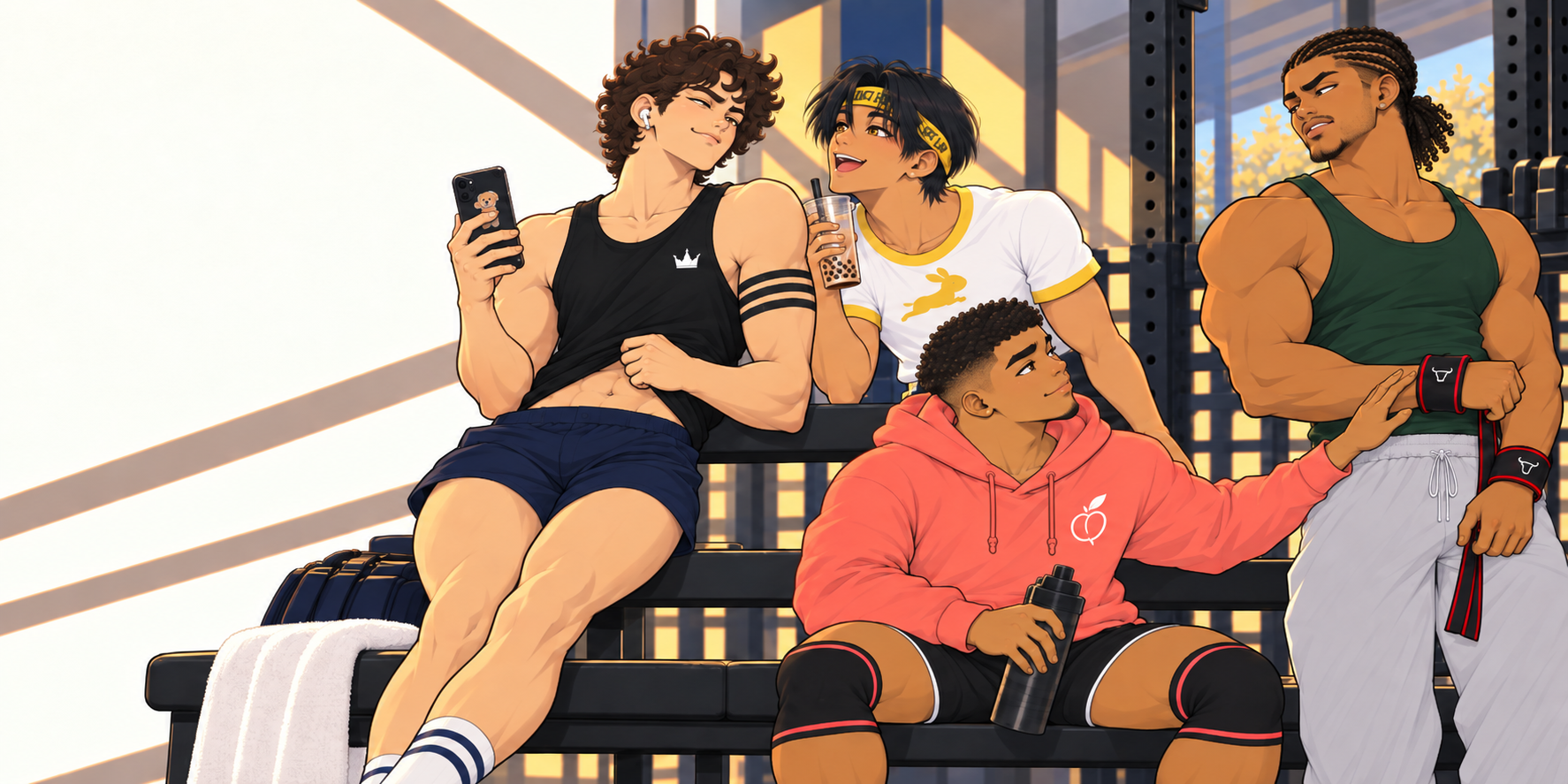 Alex, Nico, Dorian and Jace together in the gym, representing The Gym Bros Coloring Book.