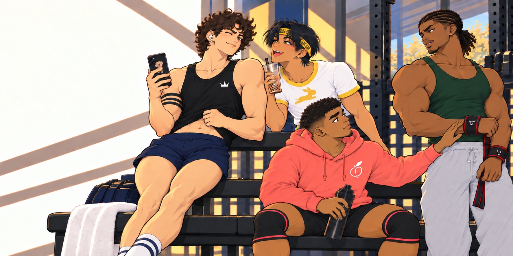 Alex, Nico, Dorian and Jace together in the gym at golden hour.