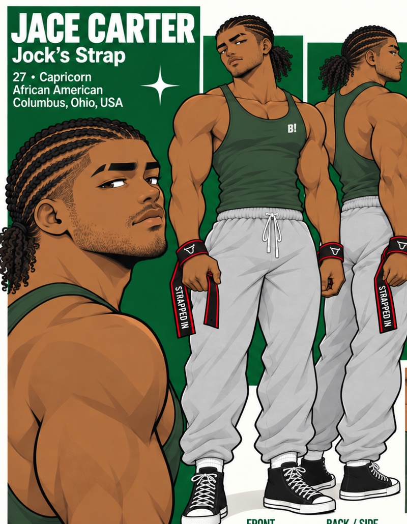 Jace Carter, Jock's Strap, full character reference showing portrait and gym outfit views.