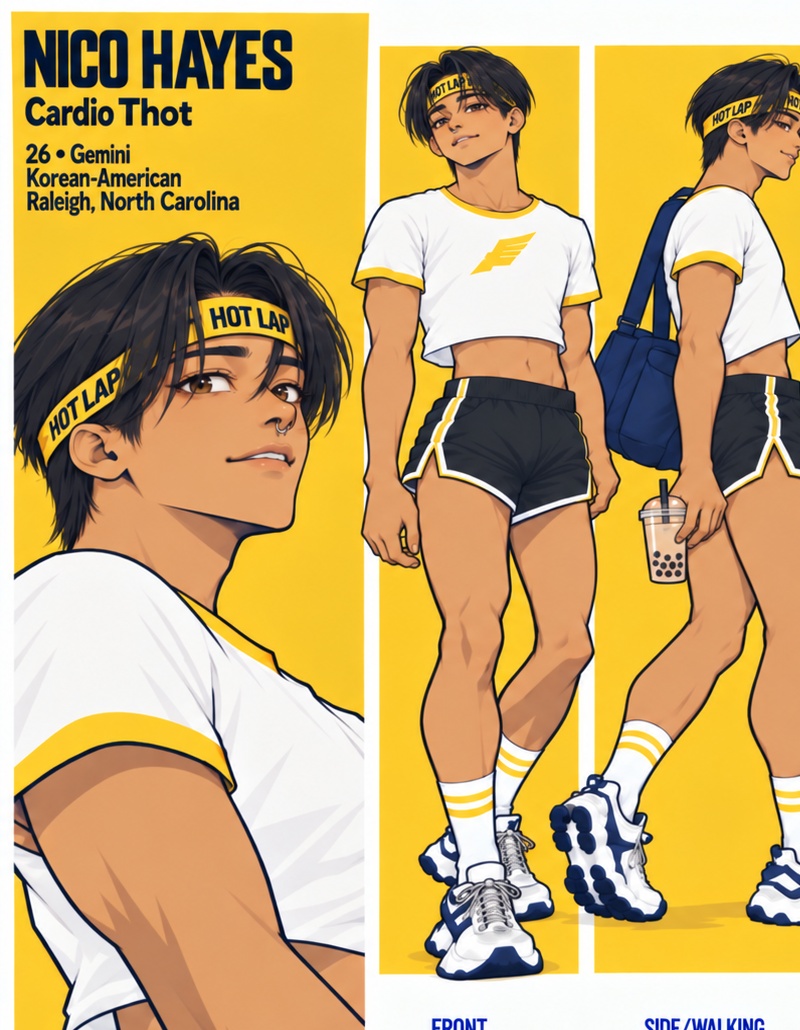 Nico Hayes, Cardio Bunny, full character reference showing portrait and gym outfit views.